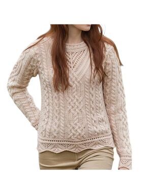 NWT Aran Mor Irish scallop lace stitch oatmeal beige pure merino wool sweater L